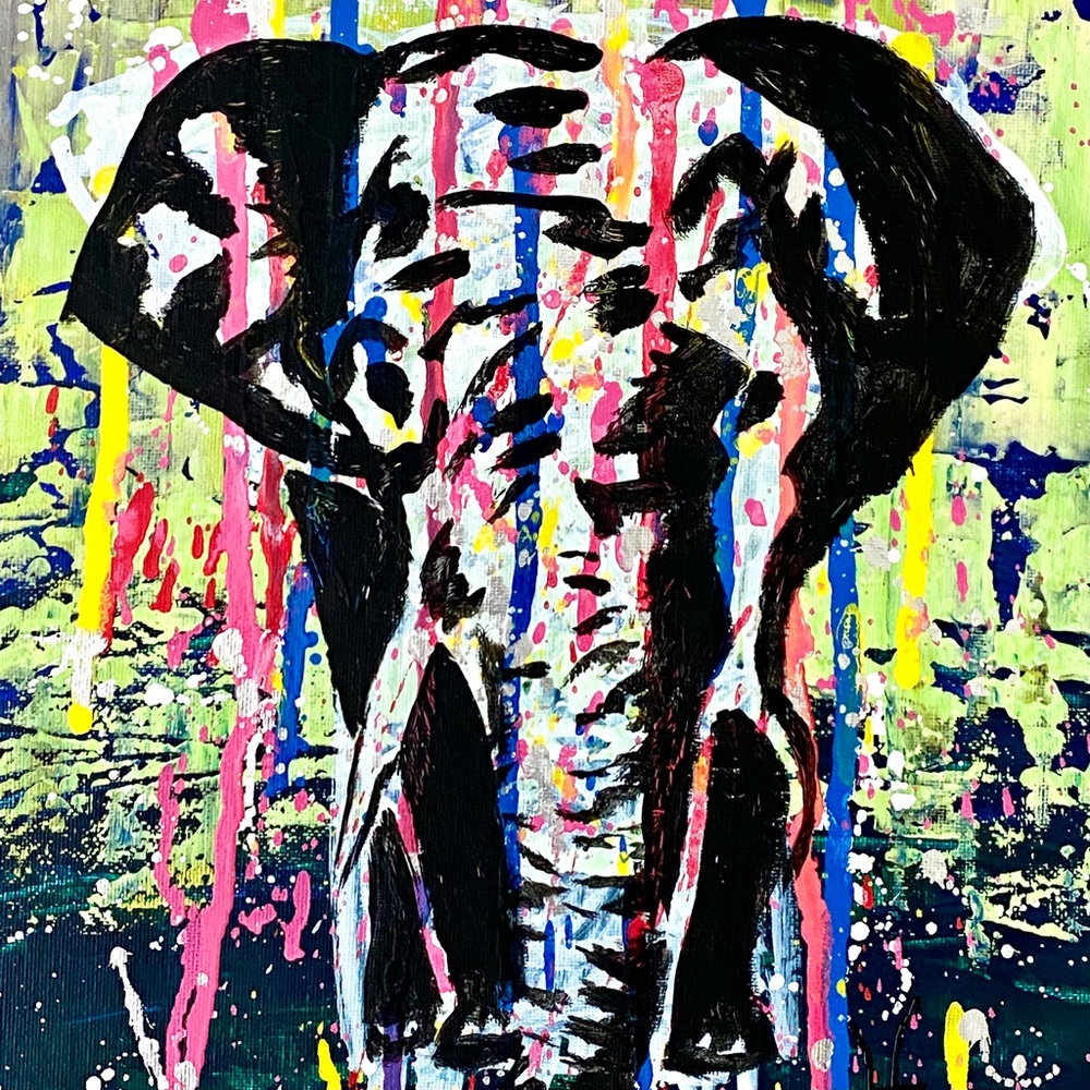 Colorful Elephant - Original Wall Art Handmade Mixed Media 11x14in Painting